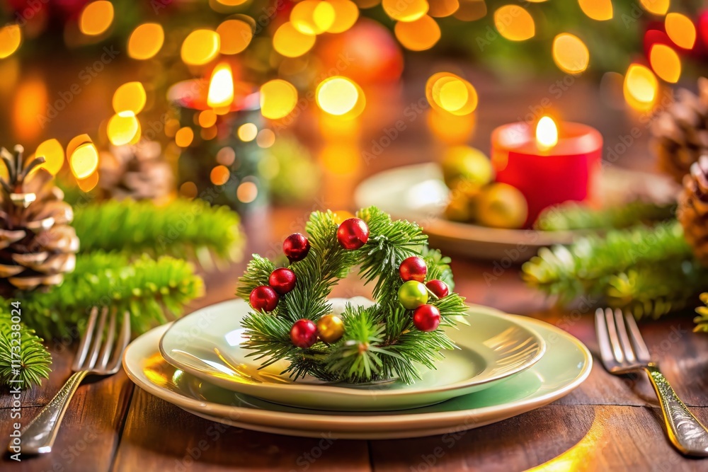 Festive Christmas Table Setting with Miniature Pine Wreath Centerpiece - Tilt-Shift Photography Festive Christmas Table Setting with Miniature Pine Wreath Centerpiece - Tilt-Shift Photography
