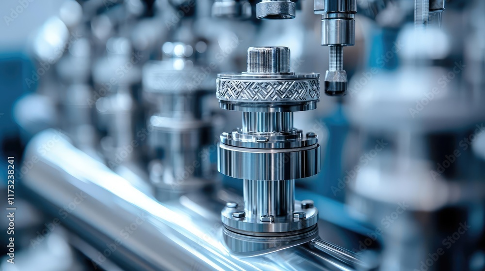 Metallic abstract background idea. Close-up of stainless steel valve components in a modern industrial setting. Metallic abstract background idea. Close-up of stainless steel valve components in a modern industrial setting.