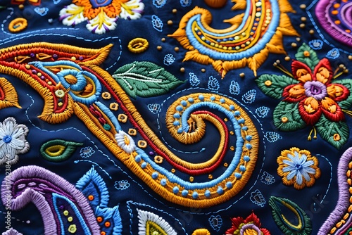 Colorful embroidery design featuring intricate patterns and floral motifs on a dark background