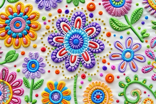 Colorful floral embroidery design showcasing intricate patterns and vibrant hues on a white fabric background