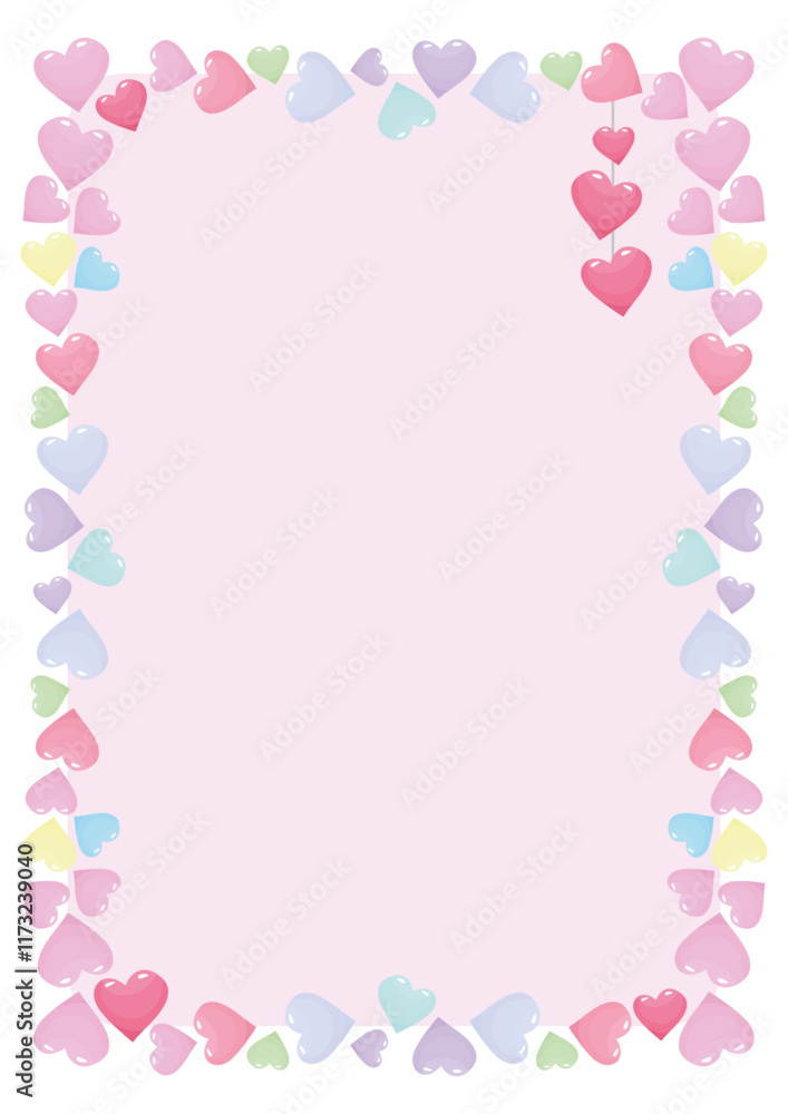 Rectangular frame of hearts. Delicate shades, pastel colors. For invitation, banner, greeting, gift, wedding card. Beautiful ornament, romantic pattern for Valentine's card design. Rectangular frame of hearts. Delicate shades, pastel colors. For invitation, banner, greeting, gift, wedding card. Beautiful ornament, romantic pattern for Valentine's card design.