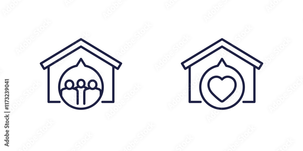 shelter icons with house and people, line vector