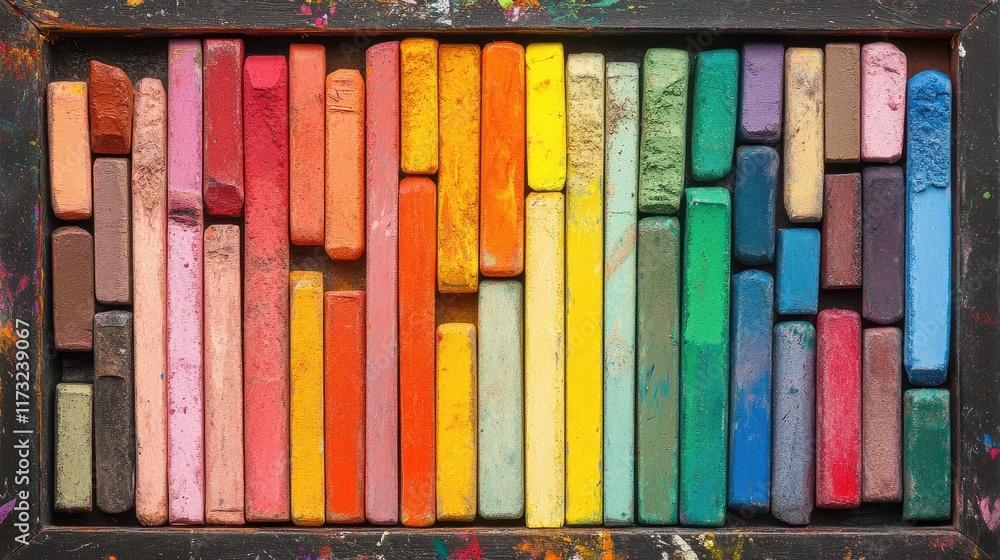 Fototapeta premium Colorful Pastel Crayons in Wooden Box