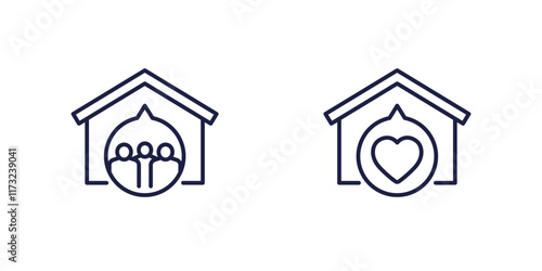 shelter icons with house and people, line vector