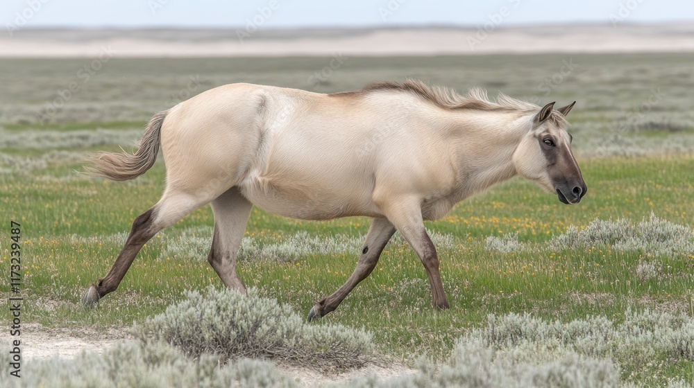 Obraz premium Palomino Horse Grazing in a Serene Prairie