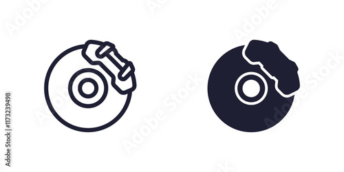 disc brake icons on white, line and solid design
