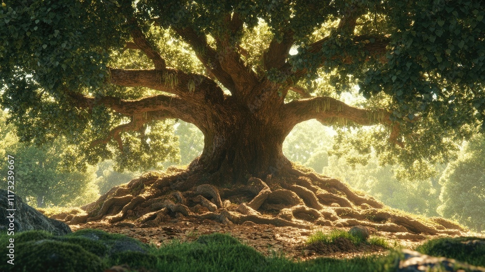 Sprawling oak tree with a vast network of roots and a large canopy Sprawling oak tree with a vast network of roots and a large canopy