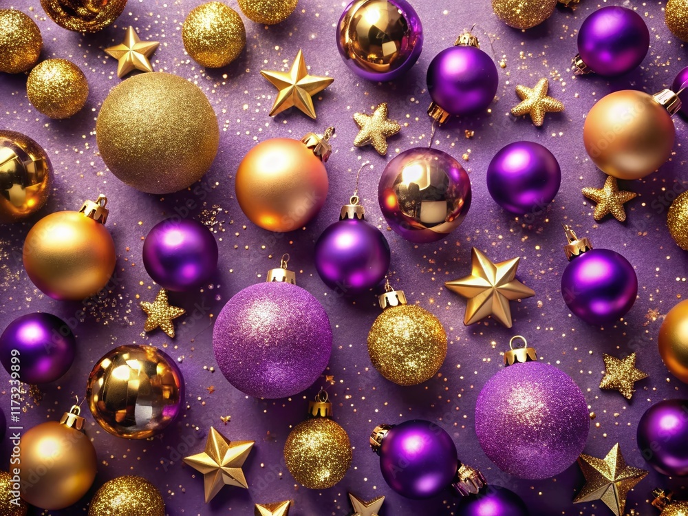 Festive Purple Christmas Background: Gold Ornaments & Stars Aerial View Festive Purple Christmas Background: Gold Ornaments & Stars Aerial View