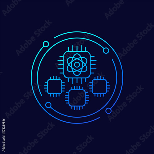 Quantum computer icon, quantum technology, linear design