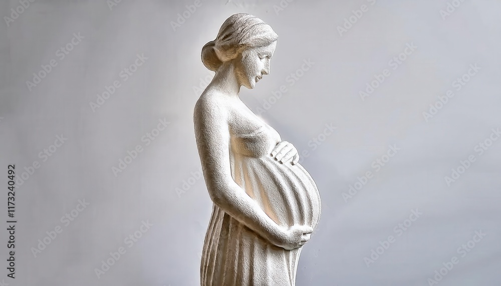 Naklejka premium Elegant sculpture of a serene pregnant woman in flowing draped attire symbolizing motherhood, nurturing love, and maternal strength