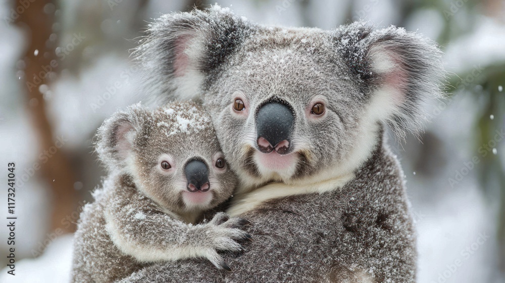 Obraz premium Koala mother and joey cuddling in snowy winter.