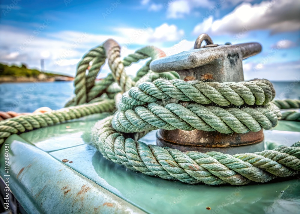 Fototapeta premium Rough-hewn fishing boat rope cleat, a weathered symbol of seafaring life, captured in nautical portrait photography.