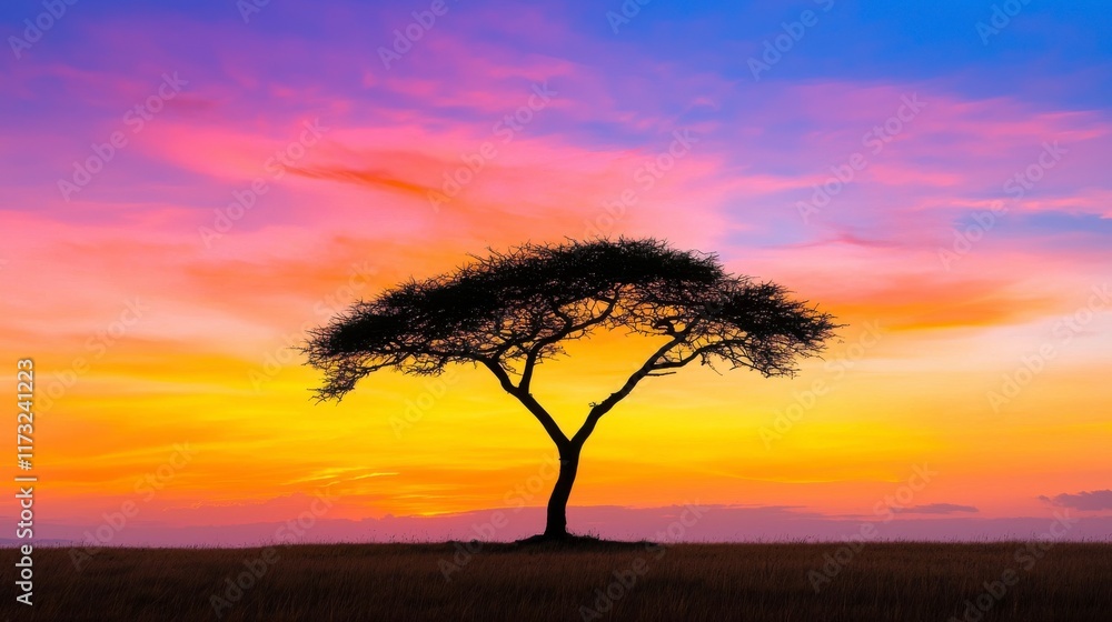 Majestic Silhouette of a Tree Against a Vibrant Sunset Sky Majestic Silhouette of a Tree Against a Vibrant Sunset Sky