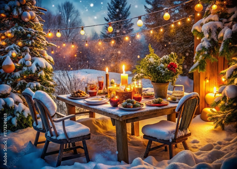 Festive Winter Feast: Snowy Garden Holiday Lights & Delicious Food Festive Winter Feast: Snowy Garden Holiday Lights & Delicious Food
