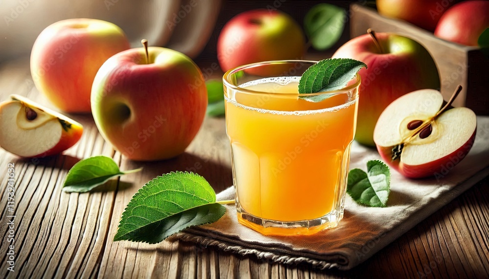 Fototapeta premium A glass of fresh apple juice with a slice of apple on the rim