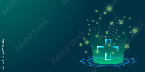 Vector medical research background abstract green and glowing molecule