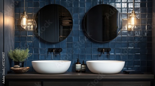 Modern bathroom, dual sinks, blue tiles, pendant lights, interior design photo