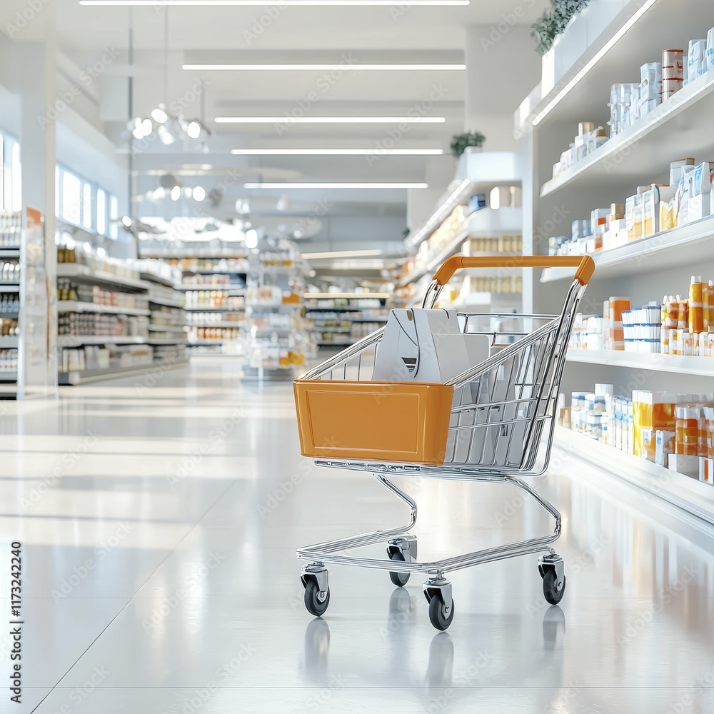 Shopping Cart Shopping cart in a bright, modern store aisle. Shopping Cart Shopping cart in a bright, modern store aisle.