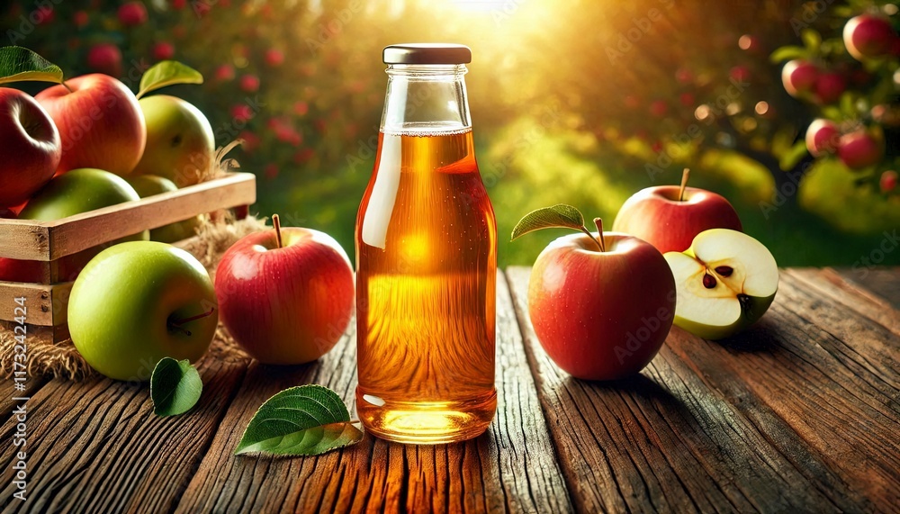 A glass of fresh apple juice with a slice of apple on the rim A glass of fresh apple juice with a slice of apple on the rim