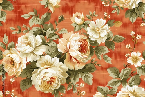 Floral pattern featuring roses and daisies on an orange background with green leaves
