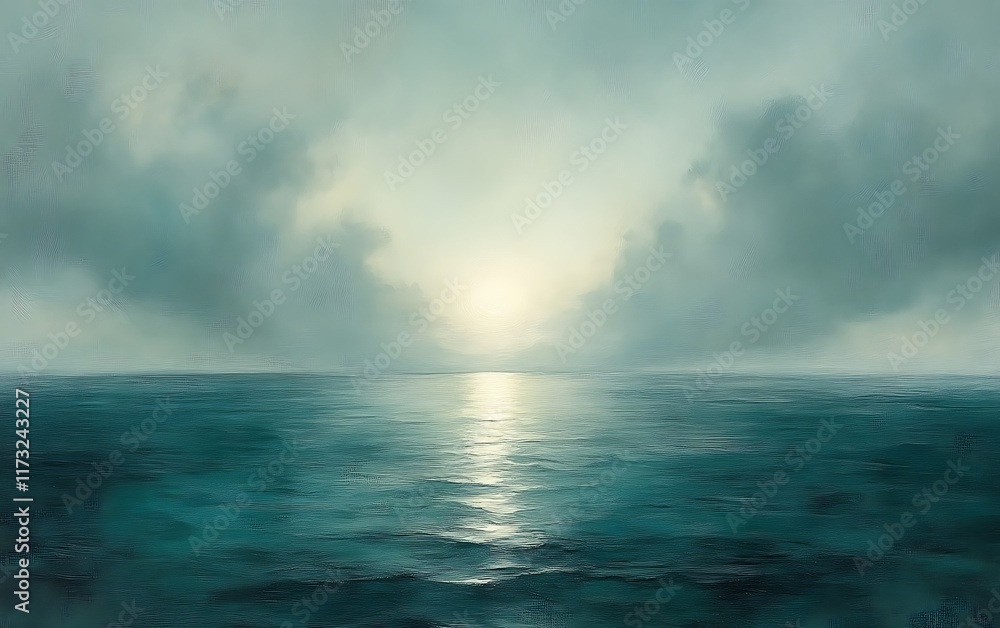 Obraz premium Serene seascape painting, sun peeking through clouds over calm ocean.