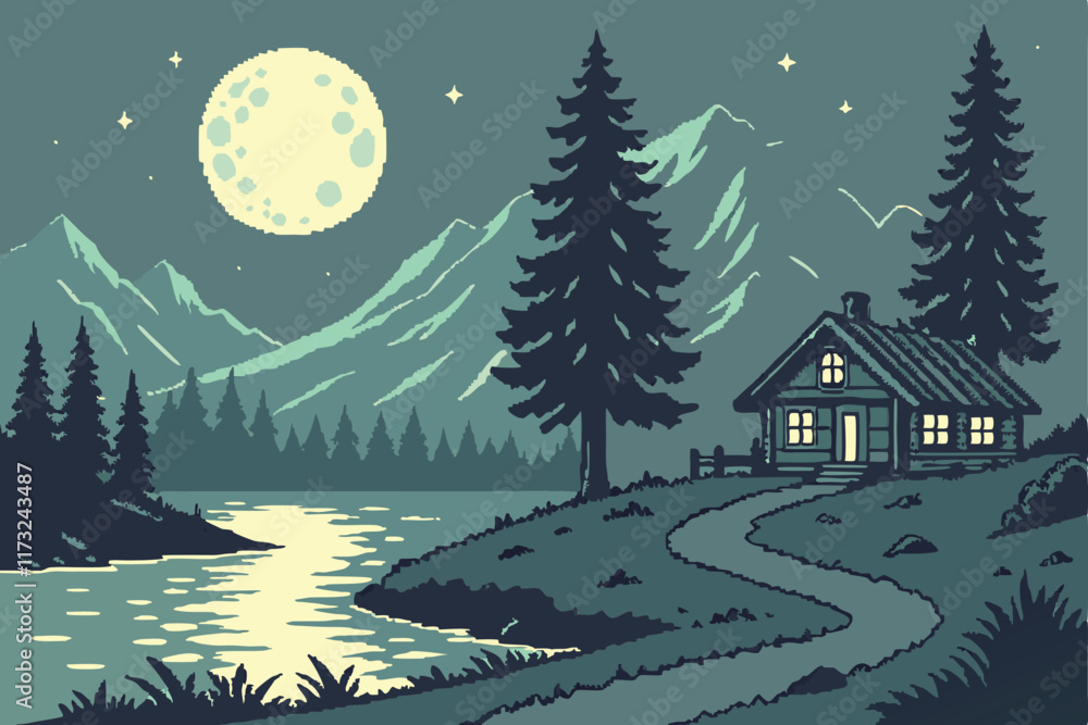 Naklejka premium Pixel art mountain landscape at night with a full moon reflecting on a lake, a path leading to a cabin, and fireflies illuminating the forest
