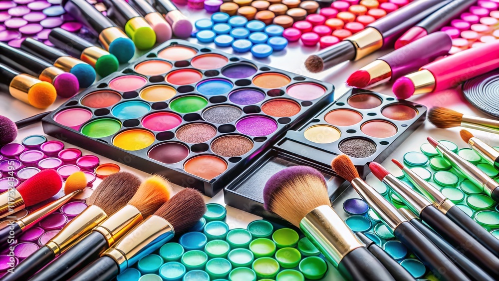 Naklejka premium Flatlay of Makeup Brushes and Cosmetics on White Background - Beauty Tools & Products