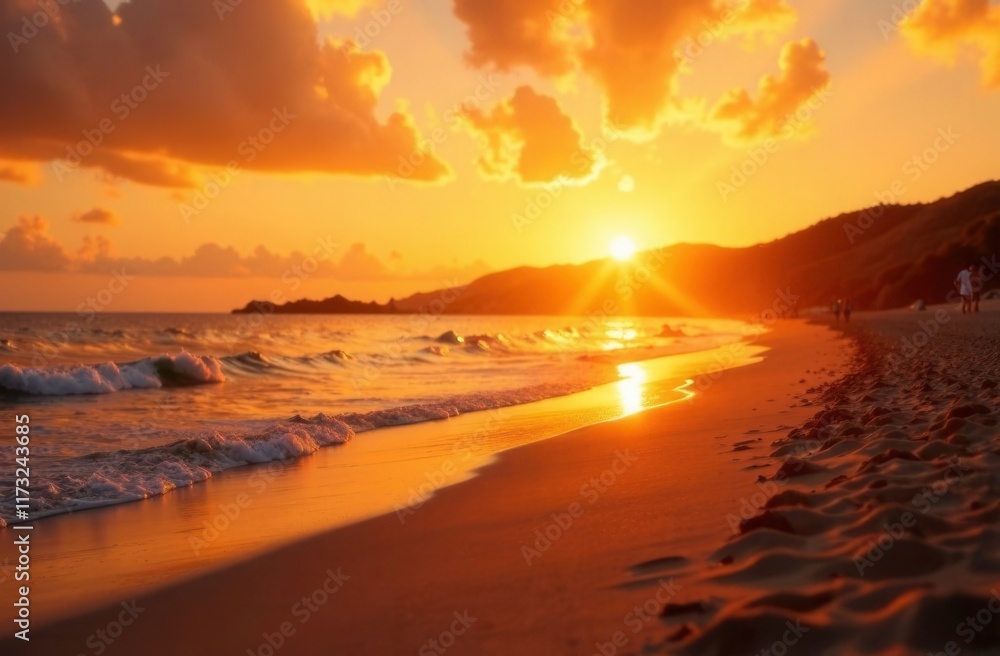 Obraz premium A beautiful sunset over a tranquil beach with palm trees in the background