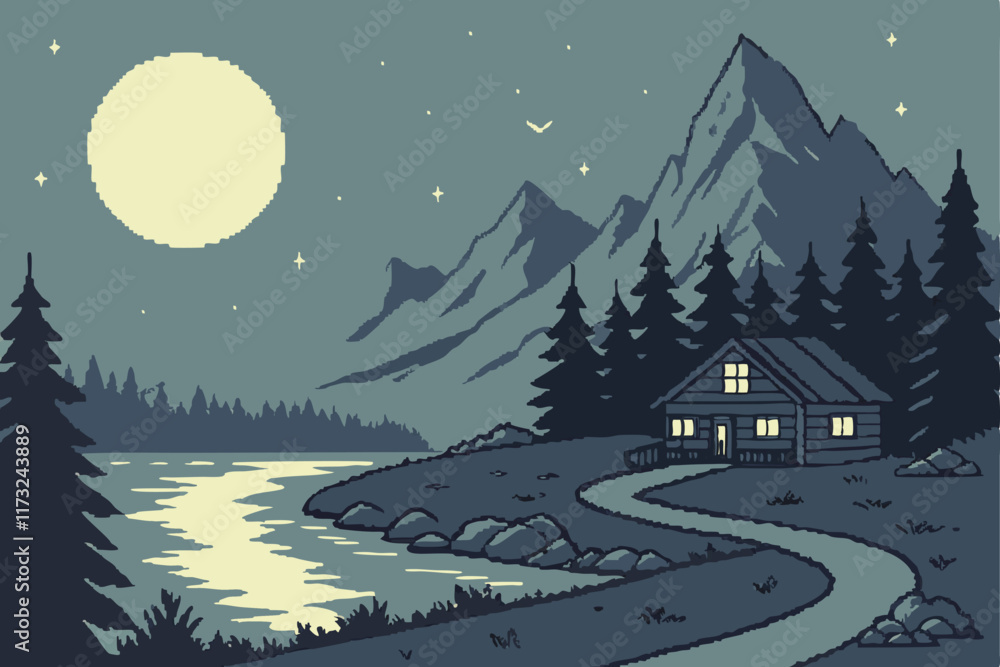 Naklejka premium Pixel art mountain landscape at night with a full moon reflecting on a lake, a path leading to a cabin, and fireflies illuminating the forest