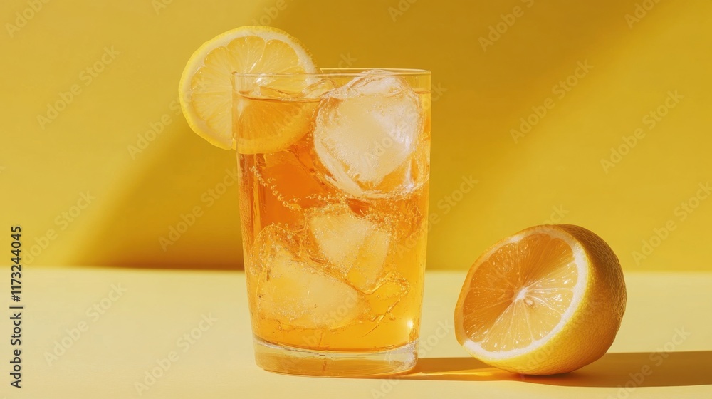 A close-up of a chilled iced tea glass with ice cubes and lemon slices, styled on a vivid yellow background with a whole lemon beside it. A close-up of a chilled iced tea glass with ice cubes and lemon slices, styled on a vivid yellow background with a whole lemon beside it.