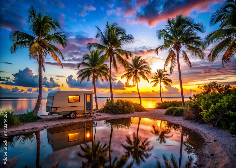 Fototapeta premium Florida Keys Sunset: Pop-Up Camper in Palm Grove by Crystal Waters