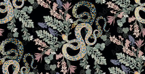 Seamless pattern of colorful snakes intertwined with blooming flowers on a dark background, creating a vibrant and detailed visual	
