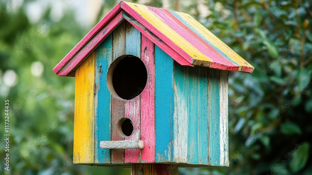 Vibrant Wooden Birdhouse in a Garden Setting Vibrant Wooden Birdhouse in a Garden Setting