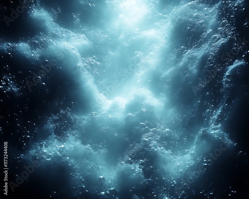 Underwater light shining through turbulent water.