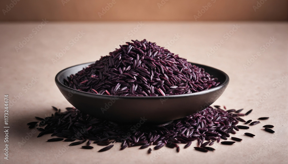 Black rice displayed in a bowl with loose grains scattered on a neutral surface Black rice displayed in a bowl with loose grains scattered on a neutral surface