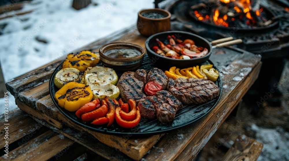 A high angle of delicious grilled beef and veggies next to a sauce bowl on a wooden table covered in snow for a winter barbecue A high angle of delicious grilled beef and veggies next to a sauce bowl on a wooden table covered in snow for a winter barbecue