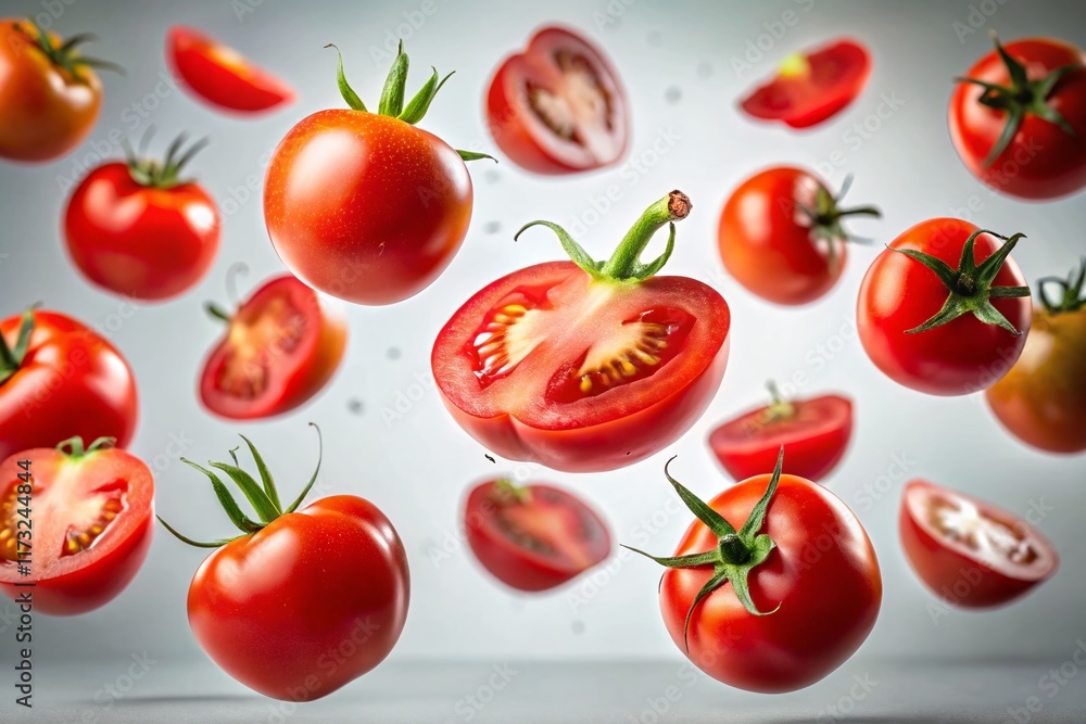 Flying Slices of Ripe Red Tomato, Food Levitation, Long Exposure, White Background, Stock Photo Flying Slices of Ripe Red Tomato, Food Levitation, Long Exposure, White Background, Stock Photo