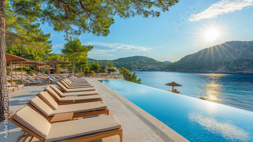 A luxury beach hotel sundeck offers an unparalleled view of the pool, sunbeds lined perfectly, and a golden sandy beach leading to the tranquil sea under a radiant sun. Ai generated photo