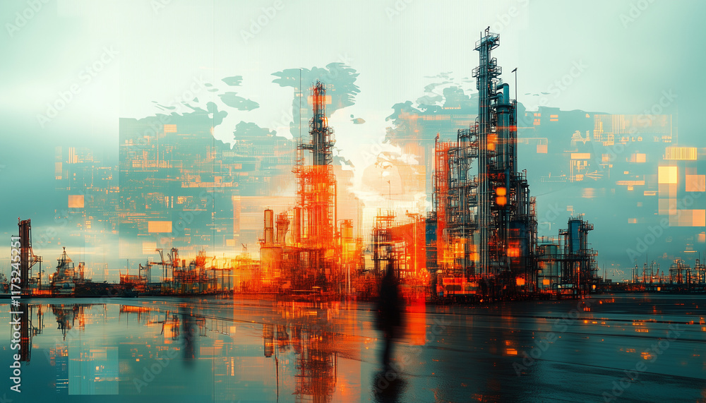 Naklejka premium double exposure of refinery and a digital world map