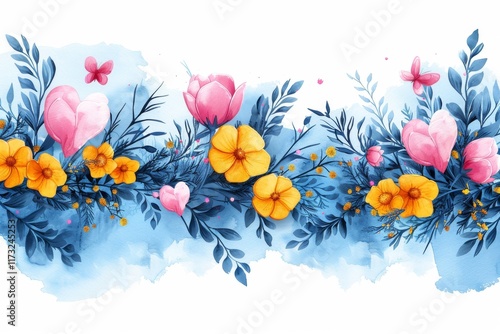 Colorful floral arrangement with pink and yellow flowers against a blue watercolor background