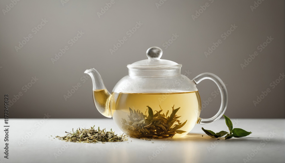 Clear glass teapot filled with brewing green tea beside dried tea leaves on a minimalist table Clear glass teapot filled with brewing green tea beside dried tea leaves on a minimalist table