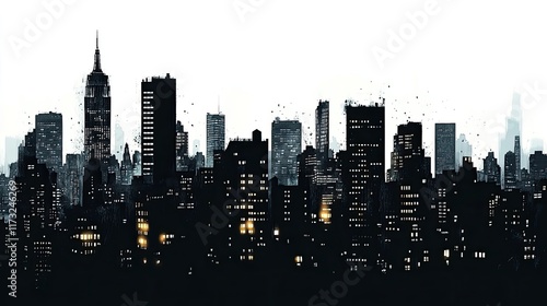 Skyline with illuminated buildings, white background, concept of urban nightscape and city lights
