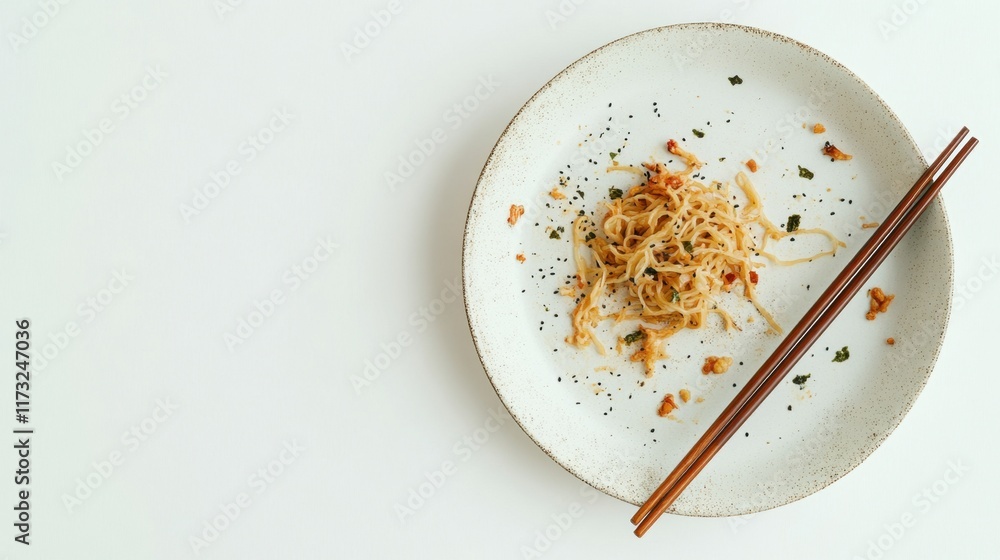 A dirty plate with leftover fried noodles and chopsticks resting on the side, isolated on a white background, symbolizing a finished meal. A dirty plate with leftover fried noodles and chopsticks resting on the side, isolated on a white background, symbolizing a finished meal.