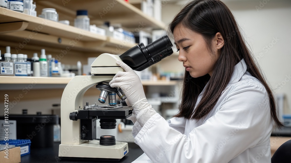Fototapeta premium Scientist using microscope in laboratory researching new medicine