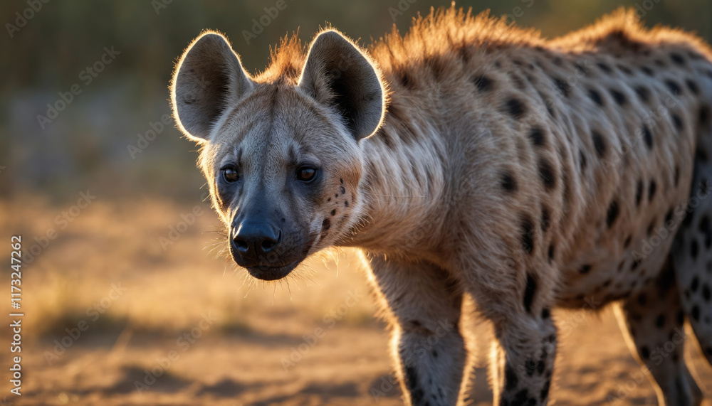 Striped hyena under warm light explores the sandy terrain in its natural habitat during golden hour Striped hyena under warm light explores the sandy terrain in its natural habitat during golden hour