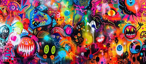 Vibrant explosion of colors and playful characters in this energetic artwork. A dynamic mix of shapes and textures creates a visually stunning piece. photo