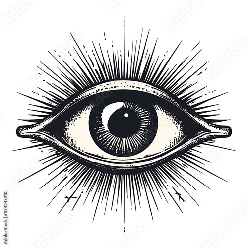 Single eye with radiating lines, detailed, graphic.