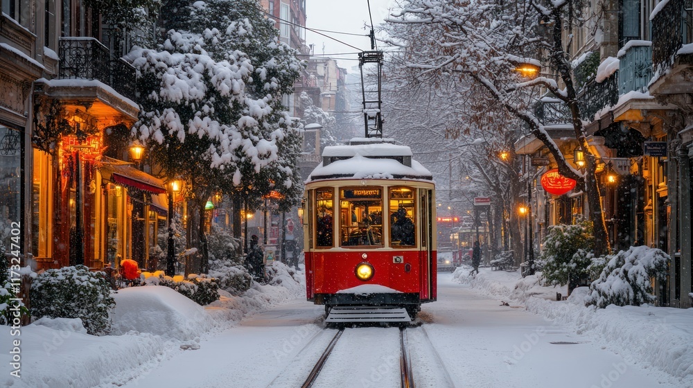 Obraz premium Snow-covered street with a vintage tram in a winter scene.