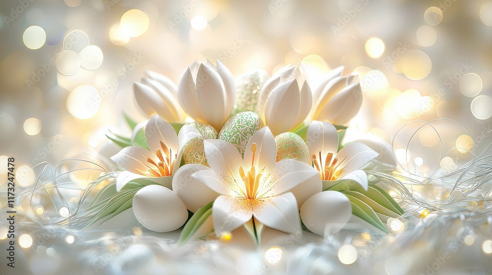 Easter arrangement: lilies, tulips, and eggs Easter arrangement: lilies, tulips, and eggs