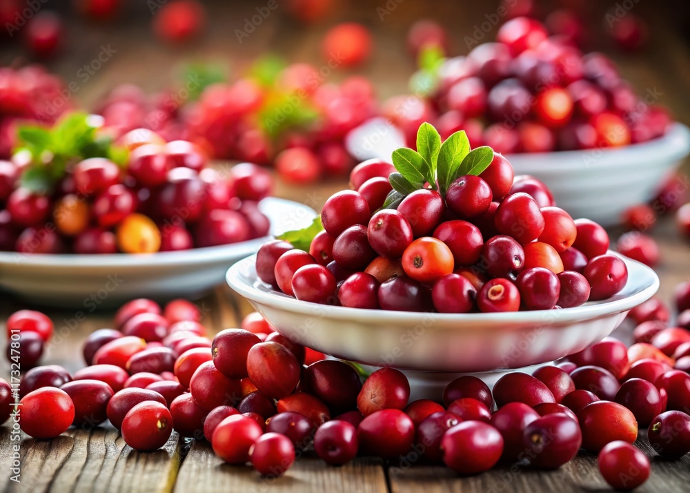 Fresh Juicy Cranberries on White Plates - Healthy & Delicious Autumn Berries Fresh Juicy Cranberries on White Plates - Healthy & Delicious Autumn Berries